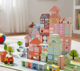 بلوک چوبی خانه سازی بریکس سطلی ۱۱۶ تکه چوبی، با قطعات رنگارنگ و باکیفیت